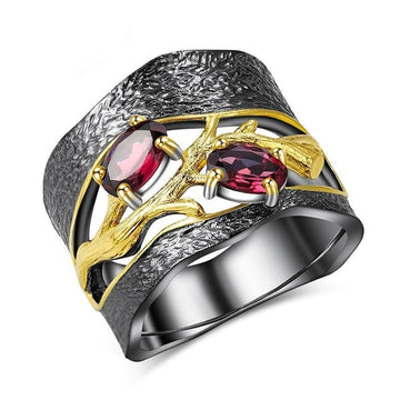Lucky Tree Gun Black Mosaic Red Zircon Stone Vintage Ring - The Jewellery Supermarket